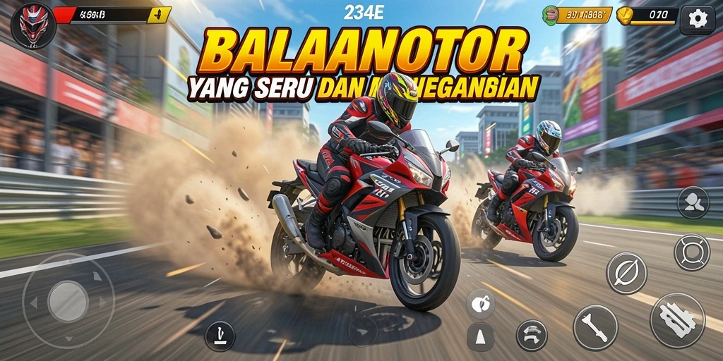 Screenshot utama 234E menampilkan aksi balapan motor yang intens.