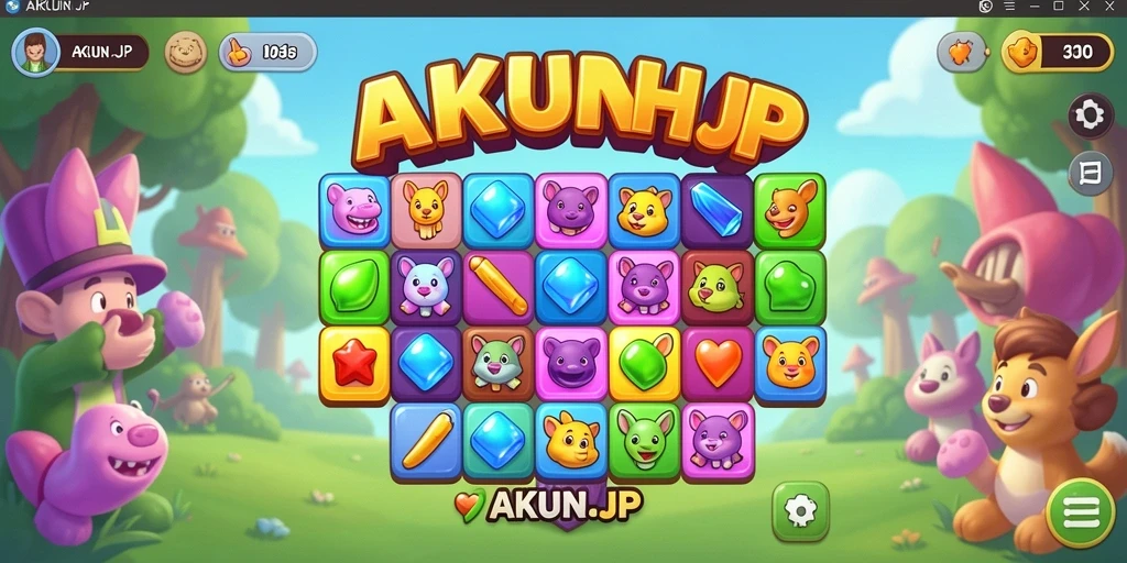 Menampilkan gameplay seru AKUNJP dengan kombinasi objek Match-3.
