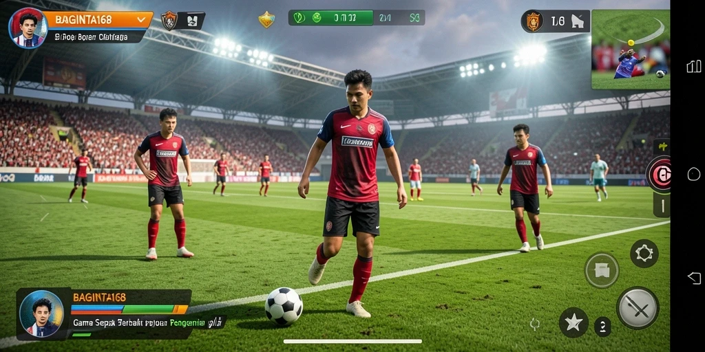 Screenshot yang menunjukkan aksi seru dalam permainan sepak bola.