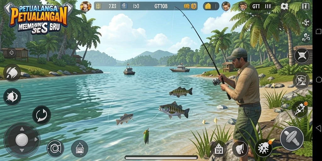 Screenshot gameplay GT108 menampilkan aksi memancing yang mendebarkan.
