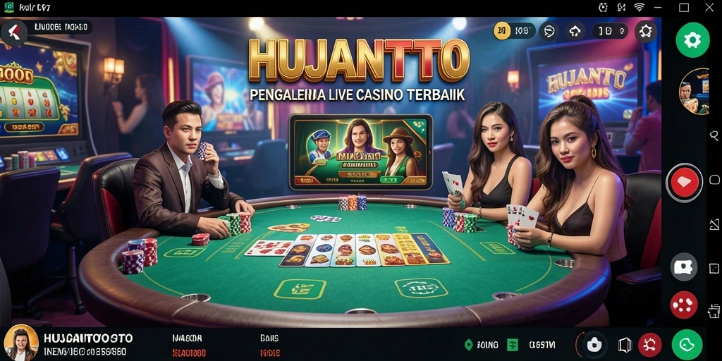 Screenshot gameplay HUJANTOTO menampilkan dealer langsung dan suasana kasino yang hidup.