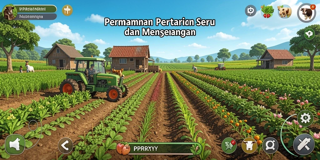 Screenshot gameplay PPRRYY yang menampilkan ladang yang subur dan aktivitas pertanian.