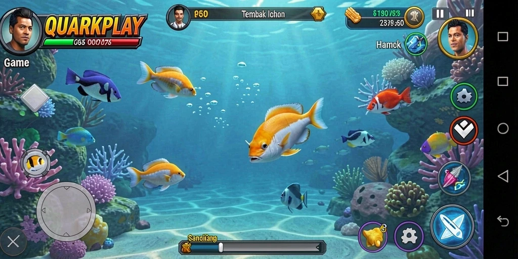 Tampilan gameplay seru di QUARKPLAY saat menembak ikan.