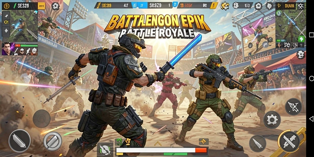 Screenshot utama SE328 menunjukkan aksi intens dalam pertempuran Battle Royale.